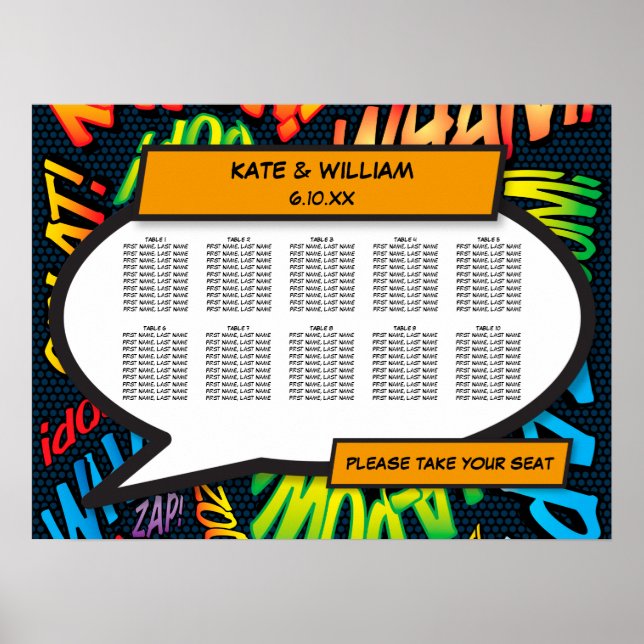 Fun Modern Comic Book Wedding Seating Chart (Front)