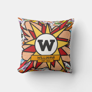 Fun Modern Family Name Monogram Comic Book Cushion