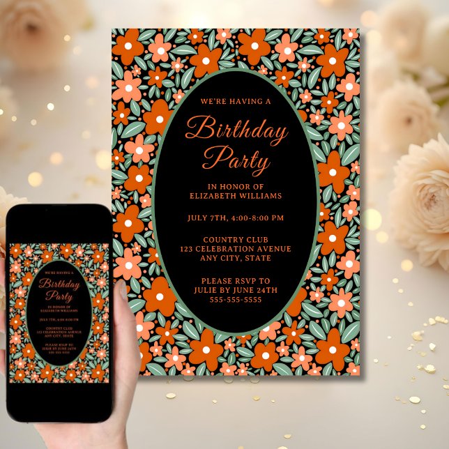 Fun Modern Flower Birthday Party Invitation Orange (Creator Uploaded)