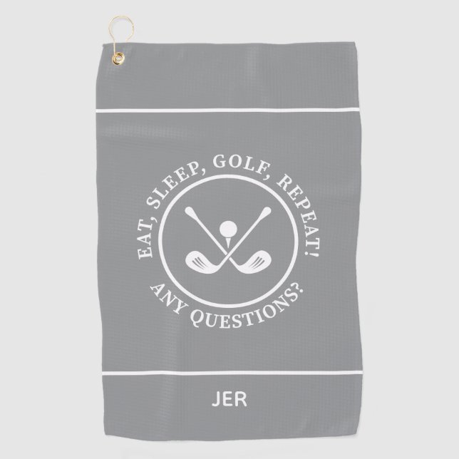 Fun Modern Golfer Sports Equipment Monogram Grey Golf Towel (Front)