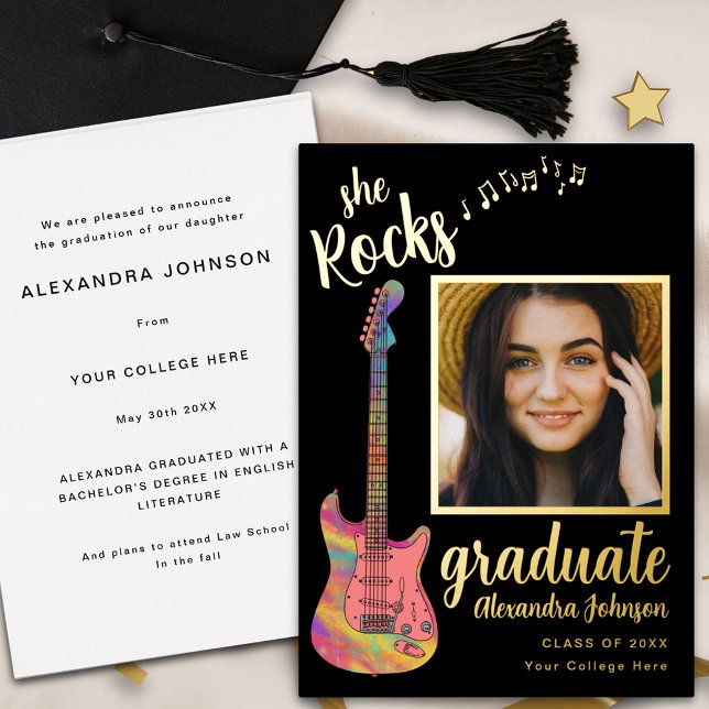 Fun Modern Graduate Photo Script Black and Gold (Fun pink guitar graduate photo black and gold foil script Graduation announcement card)