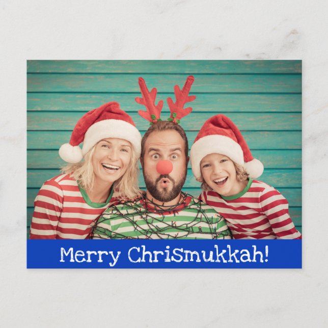 Fun Modern Merry Christmukkah Photo Blue and White Holiday Postcard (Front)