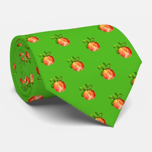 Fun Modern Red Apple Fruit Pattern Green Tie (Rolled)