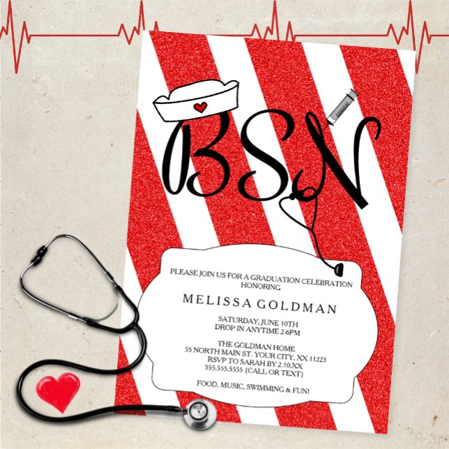 FUN MODERN RN graduation invites RED glitter look (Creator Uploaded)