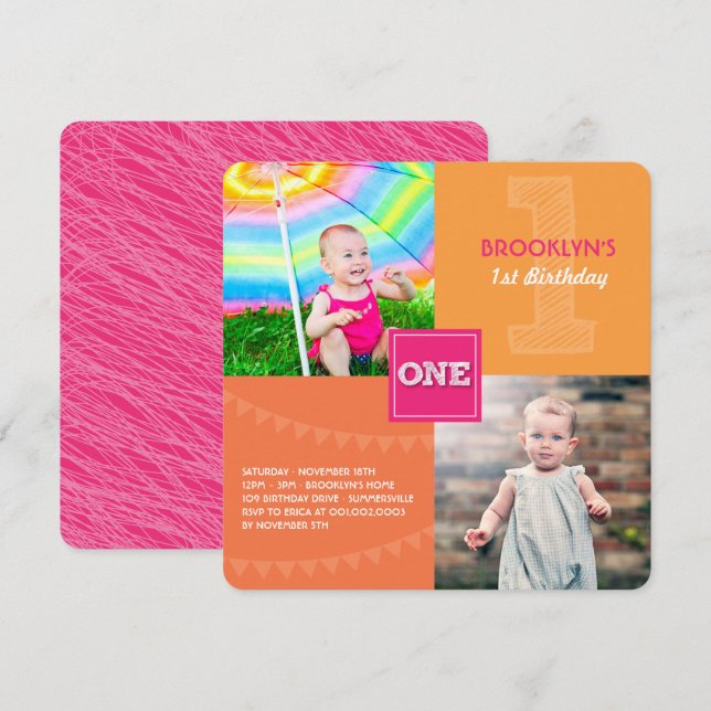 Fun Modern Square ONE Photo Baby Girl 1st Birthday Invitation (Front/Back)