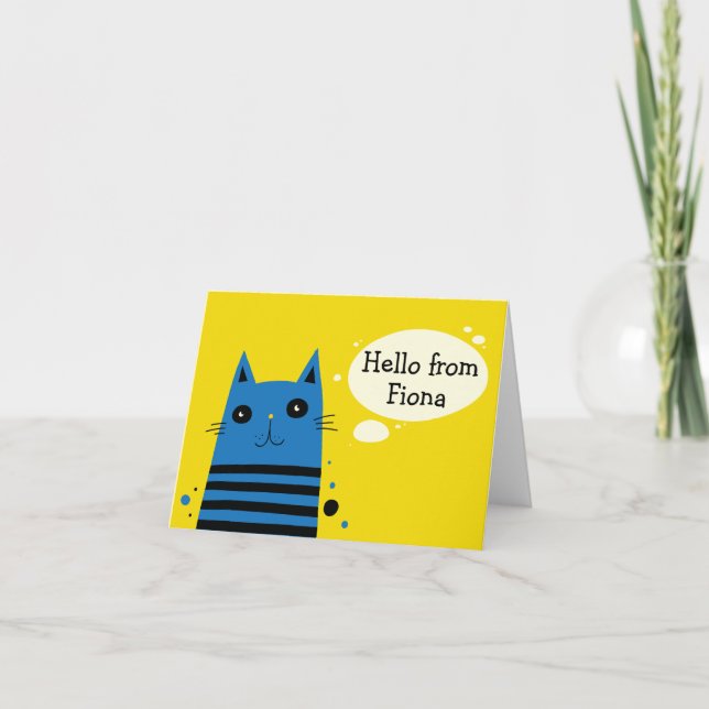 Fun Modern Style Blue and Yellow Cartoon Cat Note Card (Front)