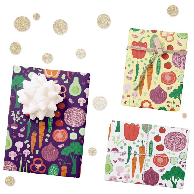 Fun Modern Vegetable Pattern Wrapping Paper Sheet (Fun modern colorful healty vegetable pattern gift wrapping paper sheets)
