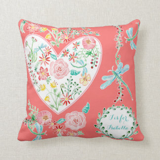 Fun Modern Watercolor Floral Heart Dragonfly Art Cushion