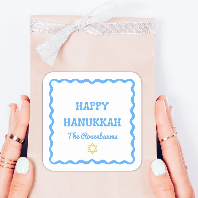Fun Modern Wavy Border Blue Hanukkah Present Square Sticker (Creator Uploaded)