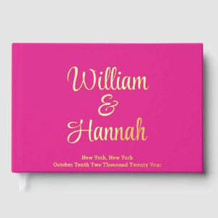 Fun Modern Wedding Bright Pink with Gold Hardcover Guest Book