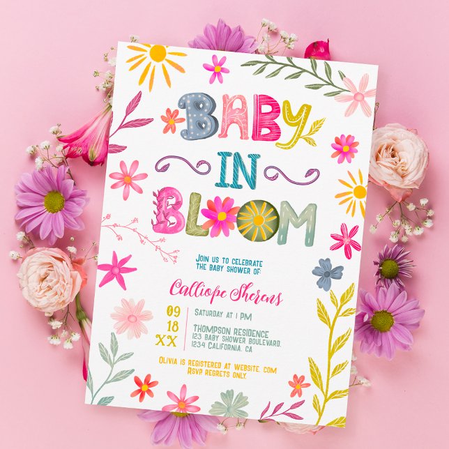 Fun modern whimsical floral baby in bloom shower invitation (Creator Uploaded)