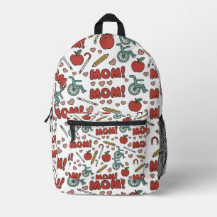 Fun "MOM!" Pattern with Apples, Wheelchairs Printed Backpack