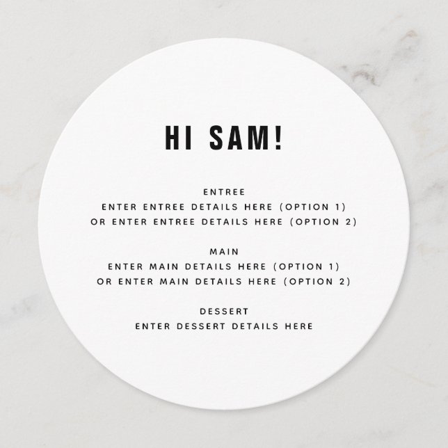 Fun Monochrome Guest Name Place Card Wedding Menu (Front)