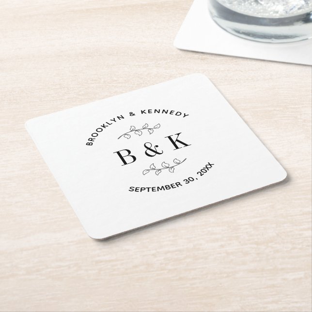 Fun Monogram Floral Botanical Wedding Couple Name Square Paper Coaster (Angled)