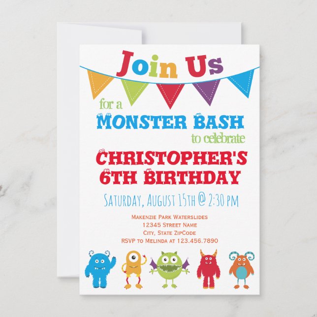 Fun Monster Kids Birthday Party Invitations (Front)