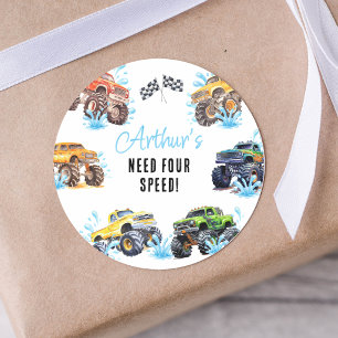 Fun Monster Truck 4th Birthday Pool Party Classic Round Sticker
