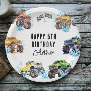 Fun Monster Truck Happy Birthday Pool Party Paper Plate