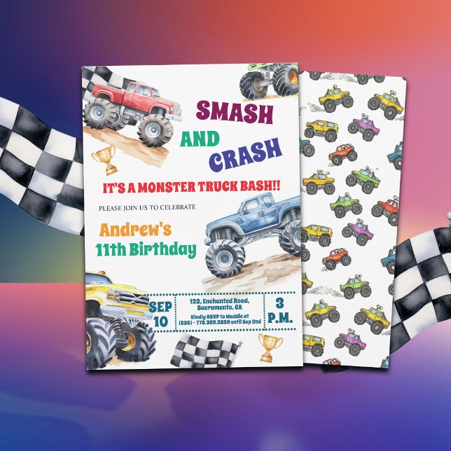 Fun Monster Trucks 11th Birthday Party Invitation (Creator Uploaded)