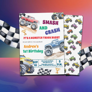 Fun Monster Trucks 1st Birthday Party Invitation