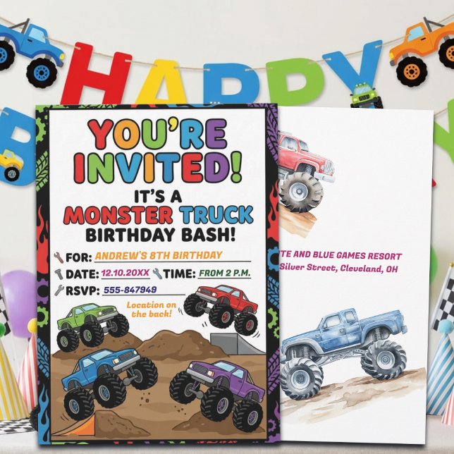 Fun Monster Trucks 8th Birthday Party Invitation (Creator Uploaded)