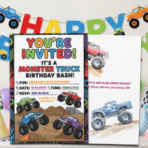 Fun Monster Trucks 9th Birthday Party Invitation