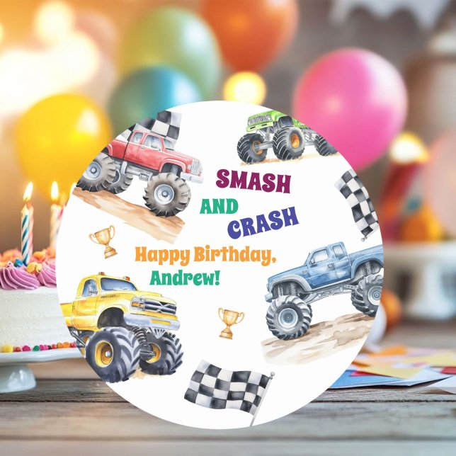 Fun Monster Trucks Birthday Party  Classic Round Sticker (Creator Uploaded)