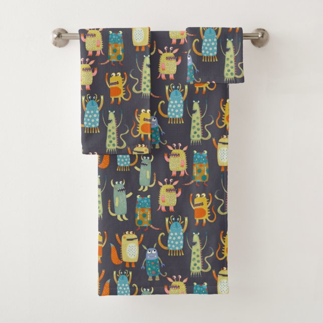 Fun Monsters Pattern Bath Towel Set (Insitu)