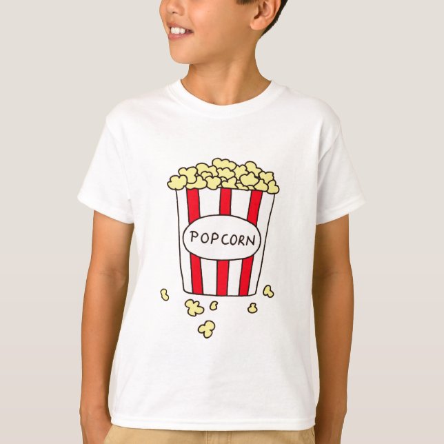 Fun Movie Theatre Popcorn in Red White Bucket T-Shirt (Front)