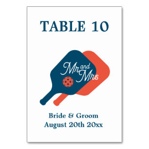 Fun Mr & Mrs pickleball paddle logo wedding Table Number