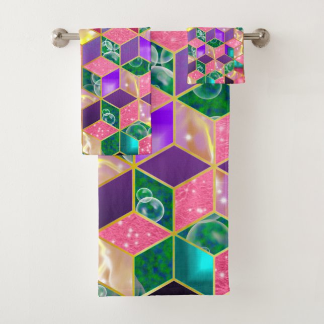 Fun Multi-Mixed Diamond-Shaped Hexagon Bath Towel Set (Insitu)