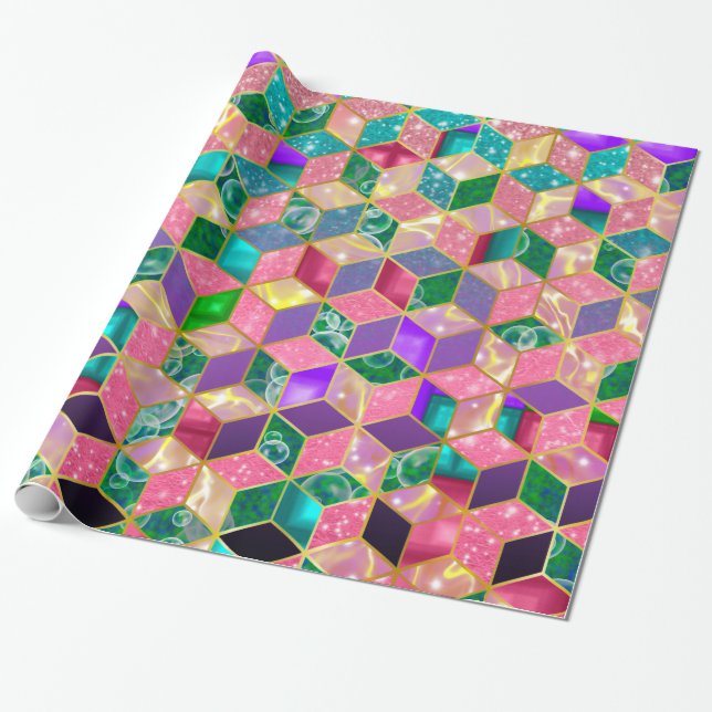 Fun Multi-Mixed Diamond-Shaped Hexagon Wrapping Paper (Unrolled)