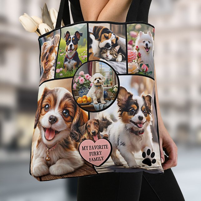 Fun Multi Photo Collage Dog Lover Tote Bag (Tote bag featuring a collage of your favorite dog photos in different shapes with a heart and quote)