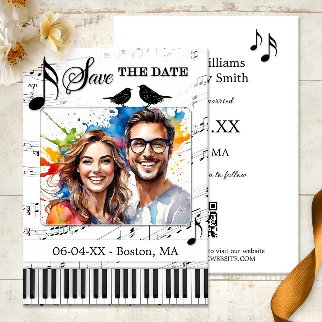 Fun Music Black and White Photo Save the Date Announcement (Save the Date card with your photo on a black and white design with musical notes, keyboard and bird)