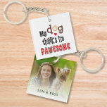 Fun My Dog Thinks I’m Pawesome Photo Name Key Ring<br><div class="desc">Fun My Dog Thinks I’m Pawesome Artsy Text Name. Humourous play on words dog humour with the pun My Dog Thinks I’m Pawesome, for Awesome, with quirky lettering with cute paw print motifs. Great gift for your pooch loving friends - and you can personalise with their names and add a...</div>
