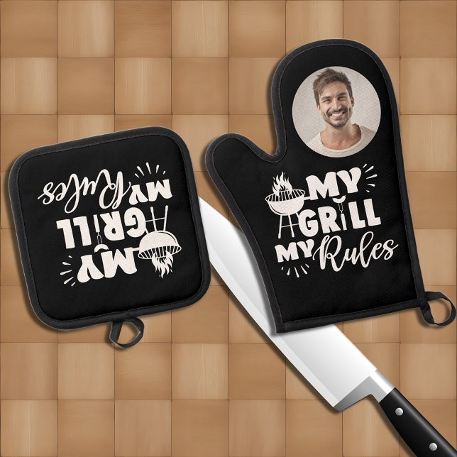 Fun My Grill My Rules Typography Photo Oven Mitt & Pot Holder Set (Creator Uploaded)