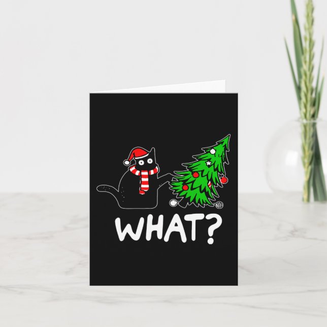 Fun Naughty Black Cat Pushing Christmas Tree Over  Card (Front)