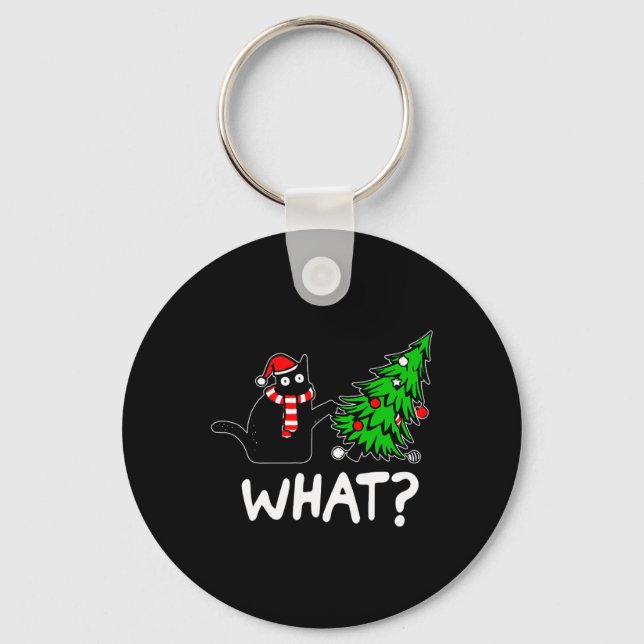 Fun Naughty Black Cat Pushing Christmas Tree Over  Key Ring (Front)