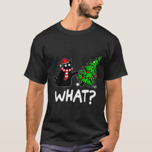Fun Naughty Black Cat Pushing Christmas Tree Over  T-Shirt