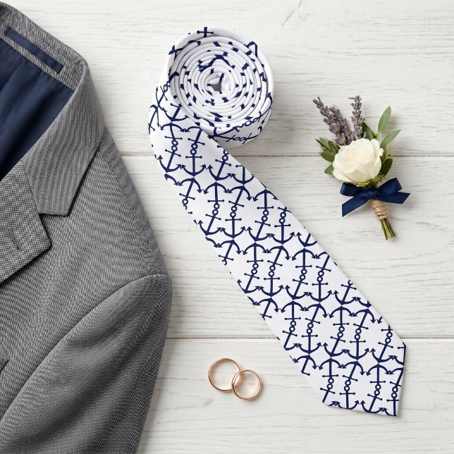 Fun Nautical Dark Blue Anchor Pattern On White Tie (Creator Uploaded)