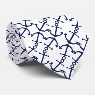 Fun Nautical Dark Blue Anchor Pattern On White Tie