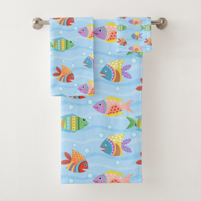 Fun Nautical Fish Pattern Bath Towel Set (Insitu)