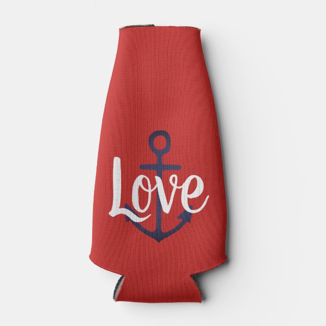 fun nautical navy blue ANCHOR + LOVE script | Bottle Cooler (Front)