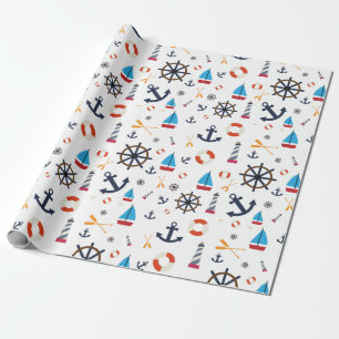 Fun Nautical Sailboat Lighthouse Ocean Sea Pattern Wrapping Paper