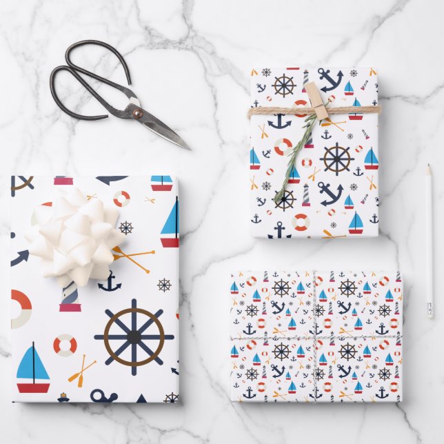 Fun Nautical Sailboat Lighthouse Ocean Sea Pattern Wrapping Paper Sheet (Front)