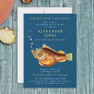 Fun Navy Blue Big Fish Boss Retire Watercolor Fish Invitation