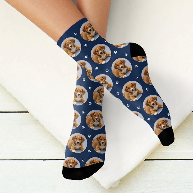 Fun Navy Blue Custom Dog Photo Paw Print Socks (Creator Uploaded)