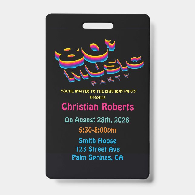 Fun Neon 80’s Music Birthday Party Badge ID Badge (Front)