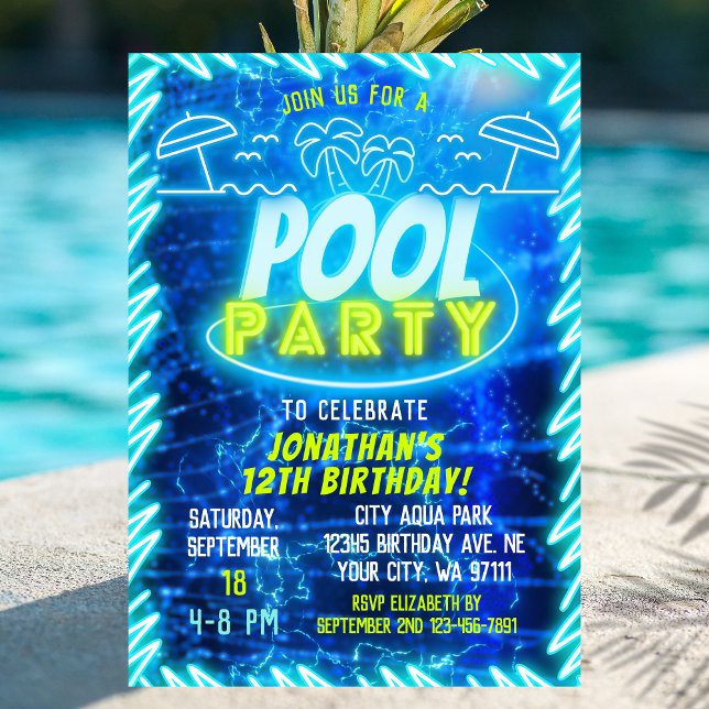Fun Neon Glow Blue Green Pool Party Boys Birthday Invitation (Creator Uploaded)