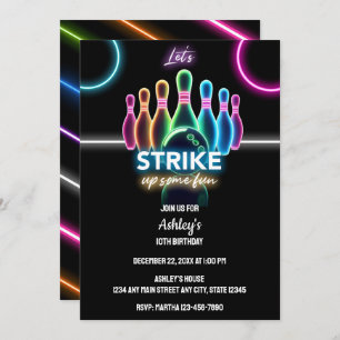 Fun Neon Glow Night Bowling Birthday Invitation