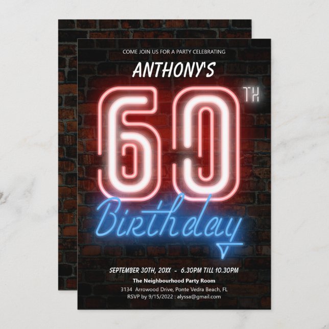 Fun Neon Retro 60th Birthday Party Invitation (Front/Back)